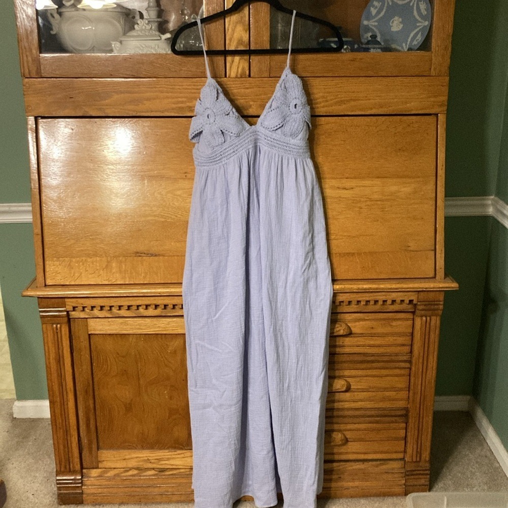 Vestique Songbirds Cottagecore Maxi Dress Blue Purple Crochet Floral Gauze Boho